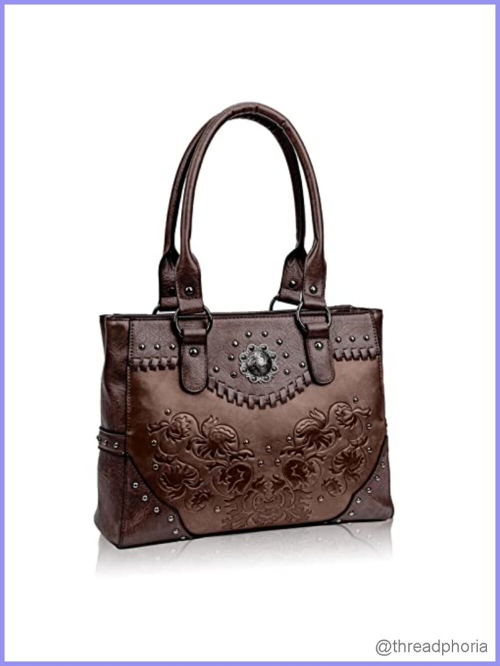 Large Vintage Western Tote Handbag Faux Leather Embossed Concho Studs Top